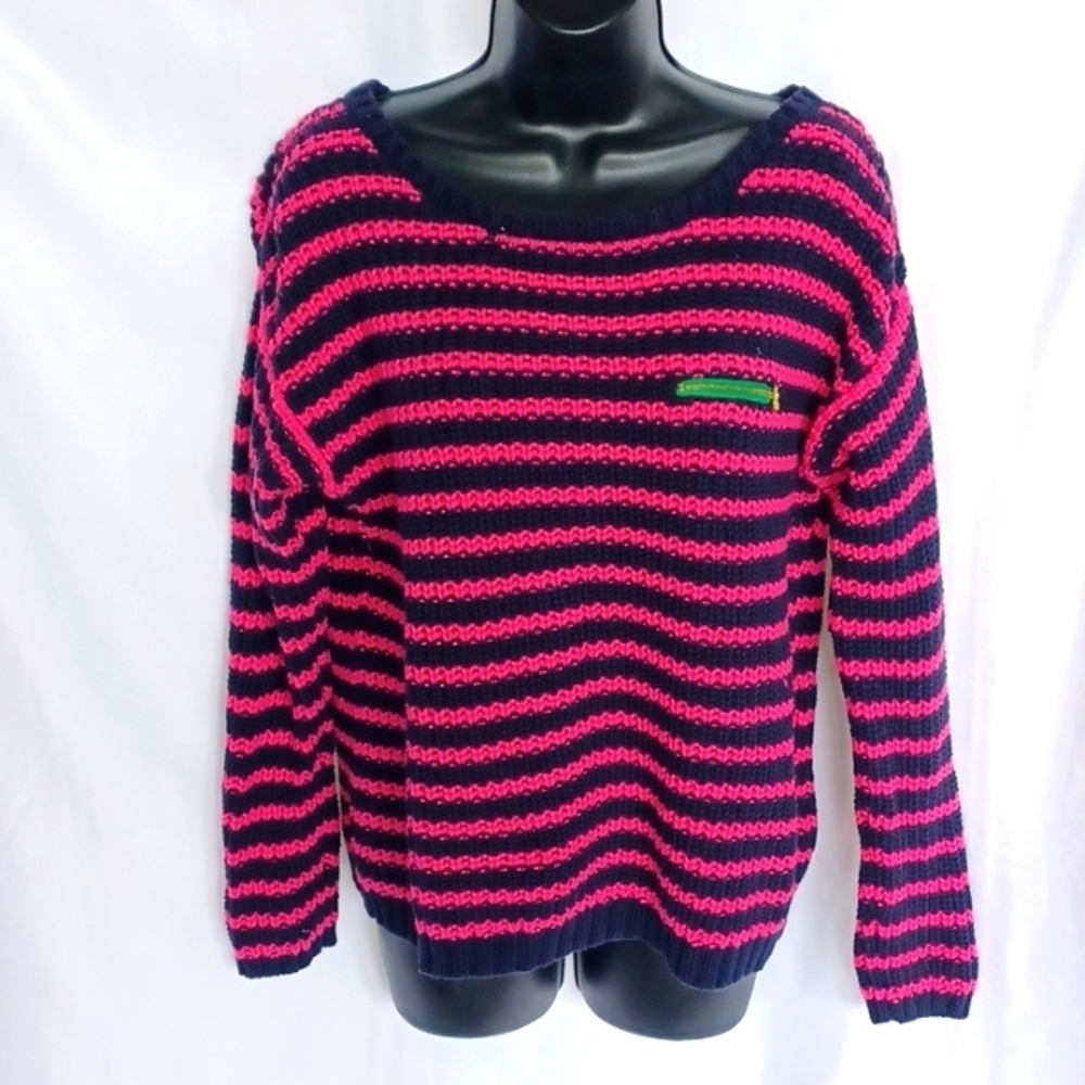 TOMMY HILFIGER Pink Striped Zipper Pocket Sweater, M